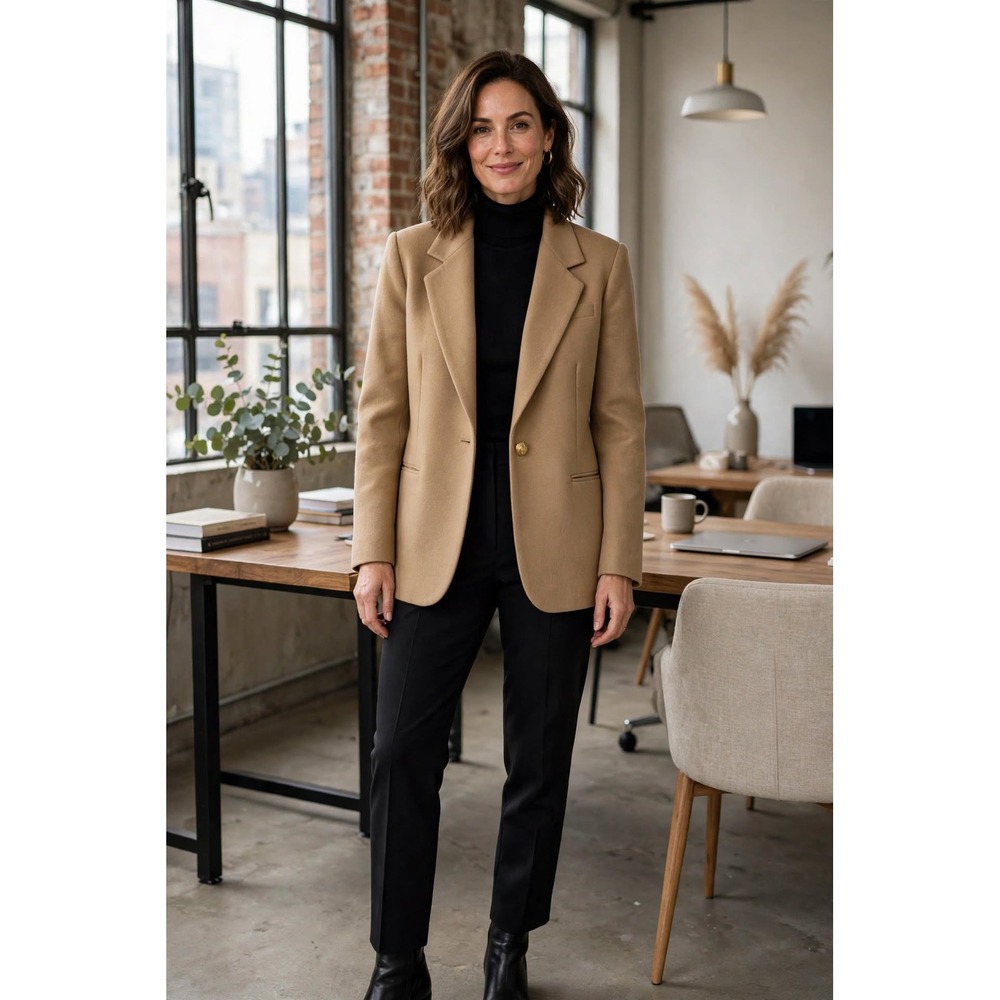 Vtg Savannah Womens 14 Blazer Wool Camel Tan Solid Single Button Classic Coat